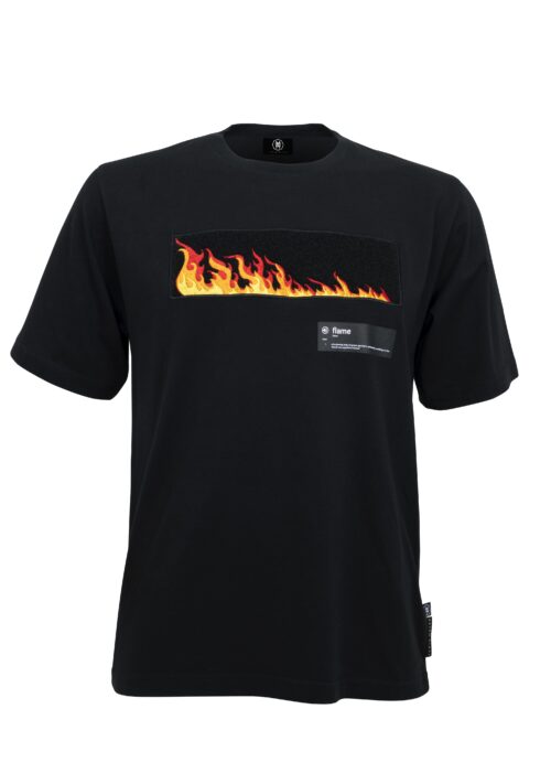 Schwarzes nachhaltiges luxus T-Shirt mit roter Flamme